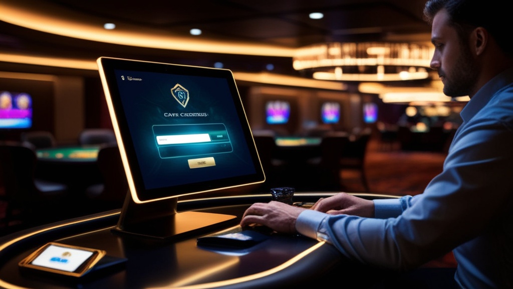 Leuchtender Login-Bildschirm in einer dunklen Casino-Lobby